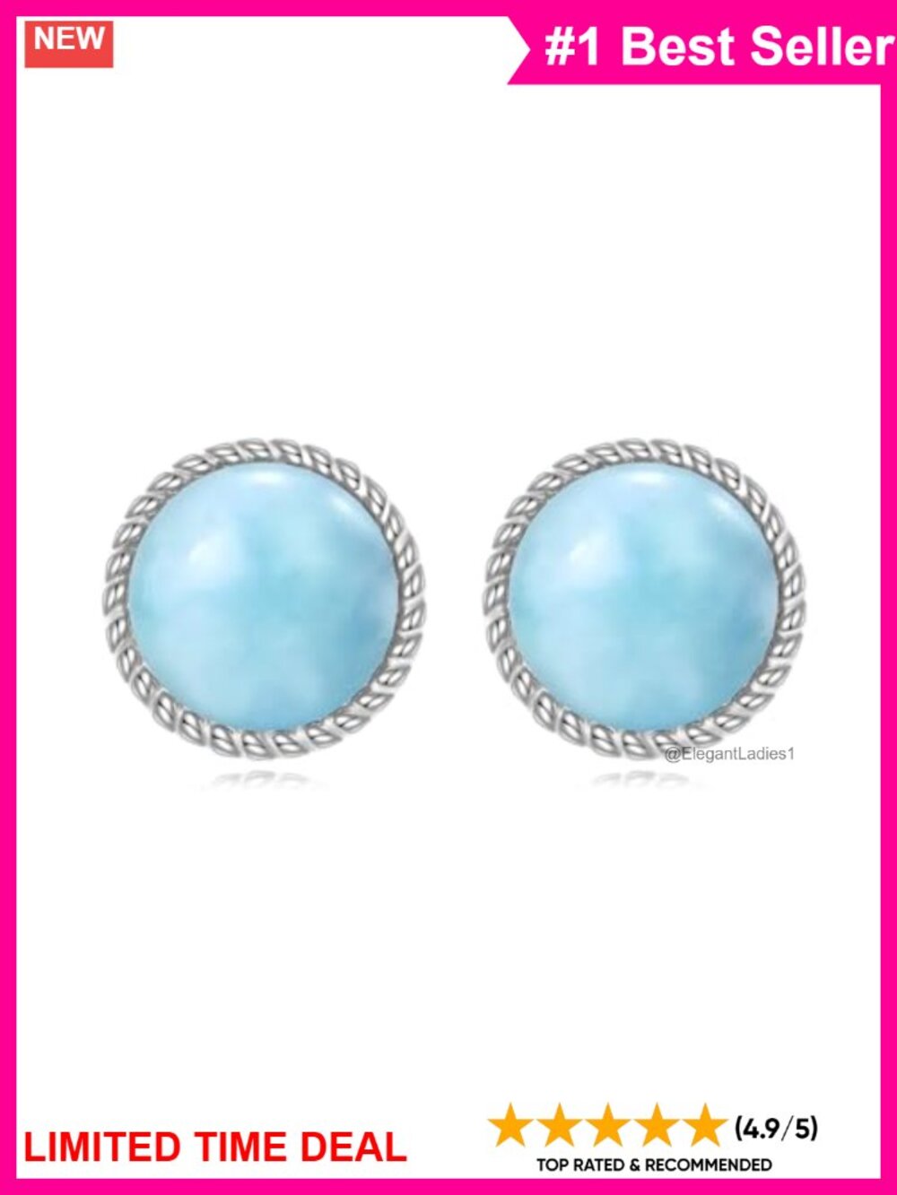 Sterling Silver Larimar Stud Earrings 10mm Screw Back